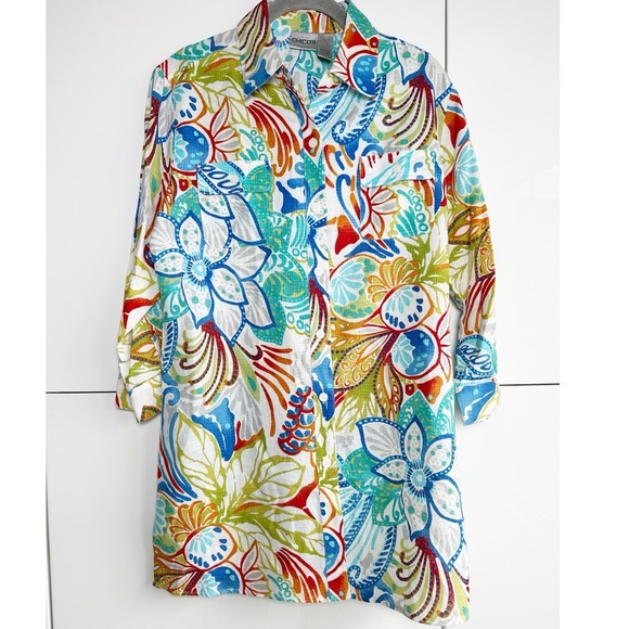 Chico’s Linen Blend Tunic Top Size 1 (Medium) Tropical Print Button Front Resort - Picture 1 of 7